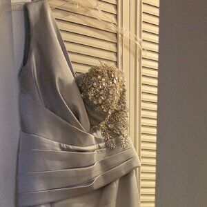 Formal one shoulder silver beaded long gown